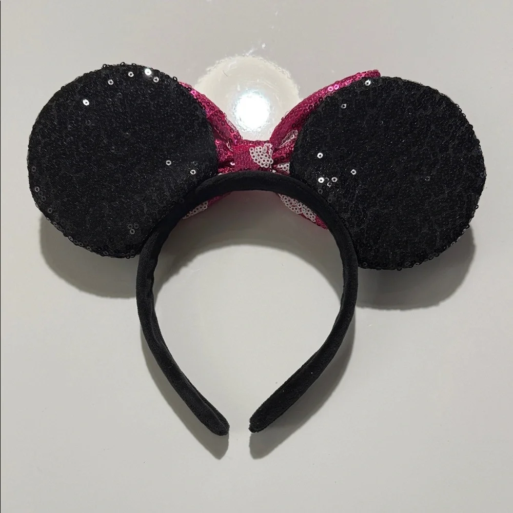 Disney Sequin Minnie Ear Headband with Hot Pink Polka Dot Bow